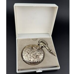 Unitron Quartz Pocket Watch: Silver Tone, Ornate Equestrian Hunter, for Repair